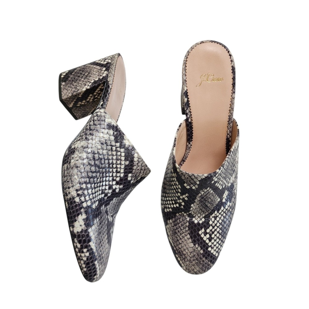 J Crew Womens Sophia High Block Heel Mules Size 9.5 Gray Leather Faux Snakeskin